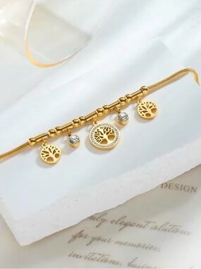 Bracelet 18K Gold Stainless Steel Tree of Life Charm Bracelet